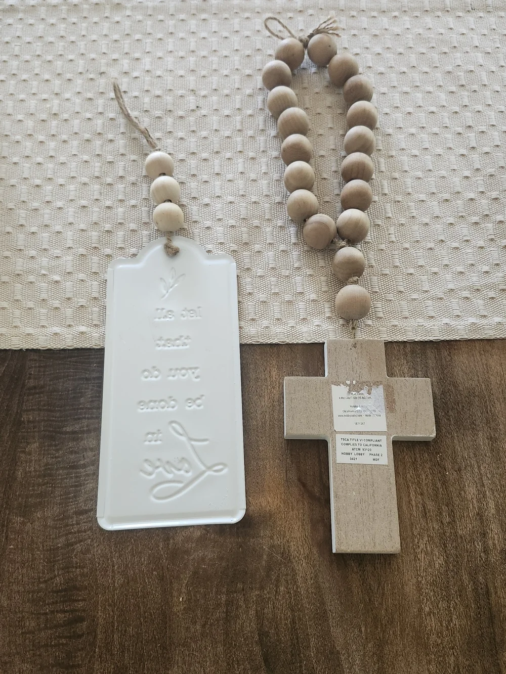 Hobby Lobby White Wood Cross and Tag Beaded Wall Hanging